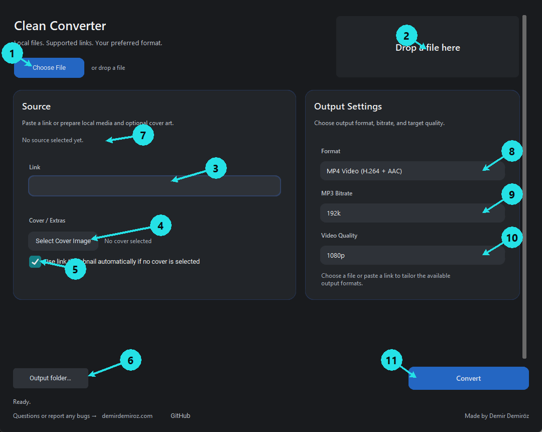Clean Converter dosya seçimi, çıktı formatı, kalite ve dönüştürme kontrolleri