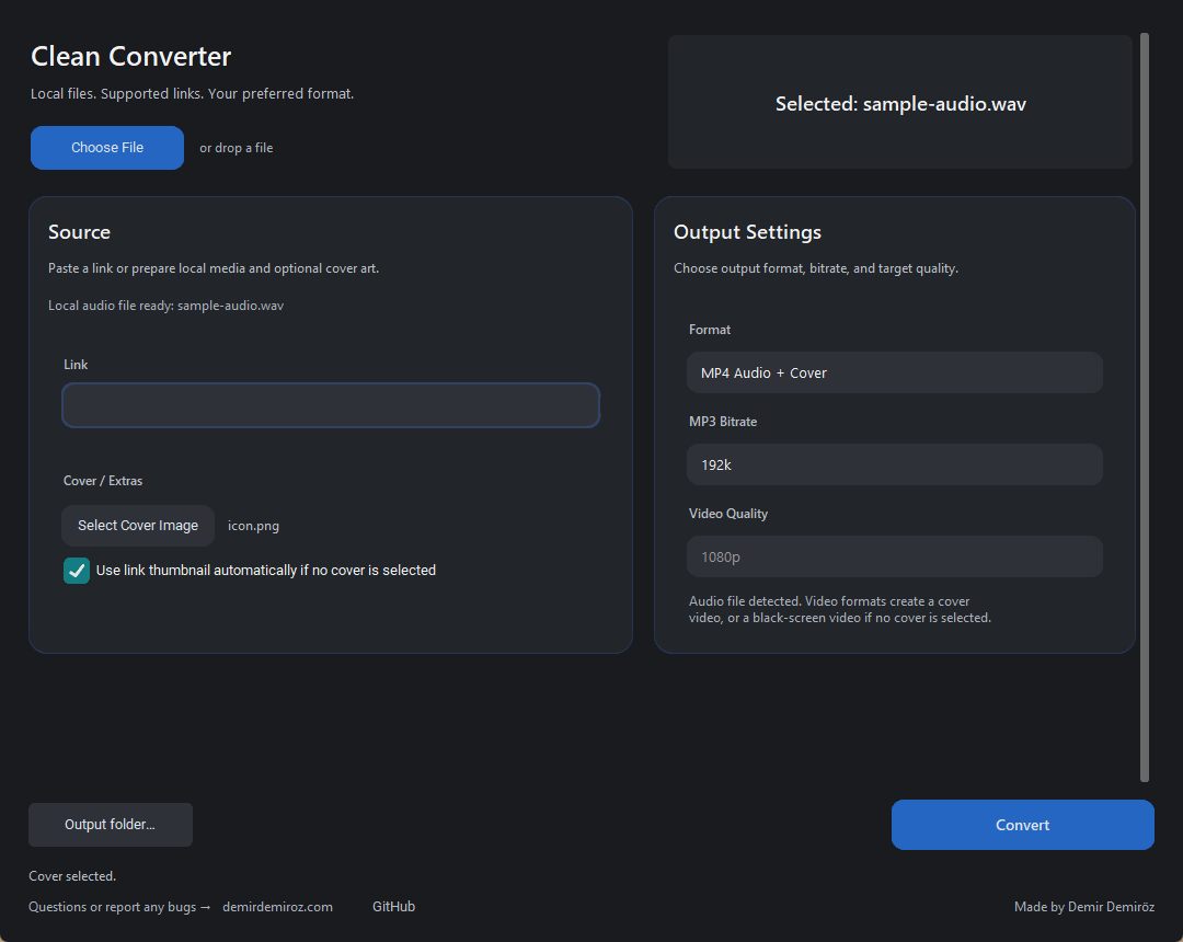 Clean Converter ses dosyasına kapak ekleyerek video oluşturma ekranı